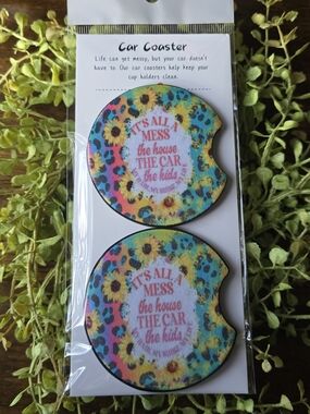 Colorful Floral Leopard Print Car Coaster Set - Blue/Yellow